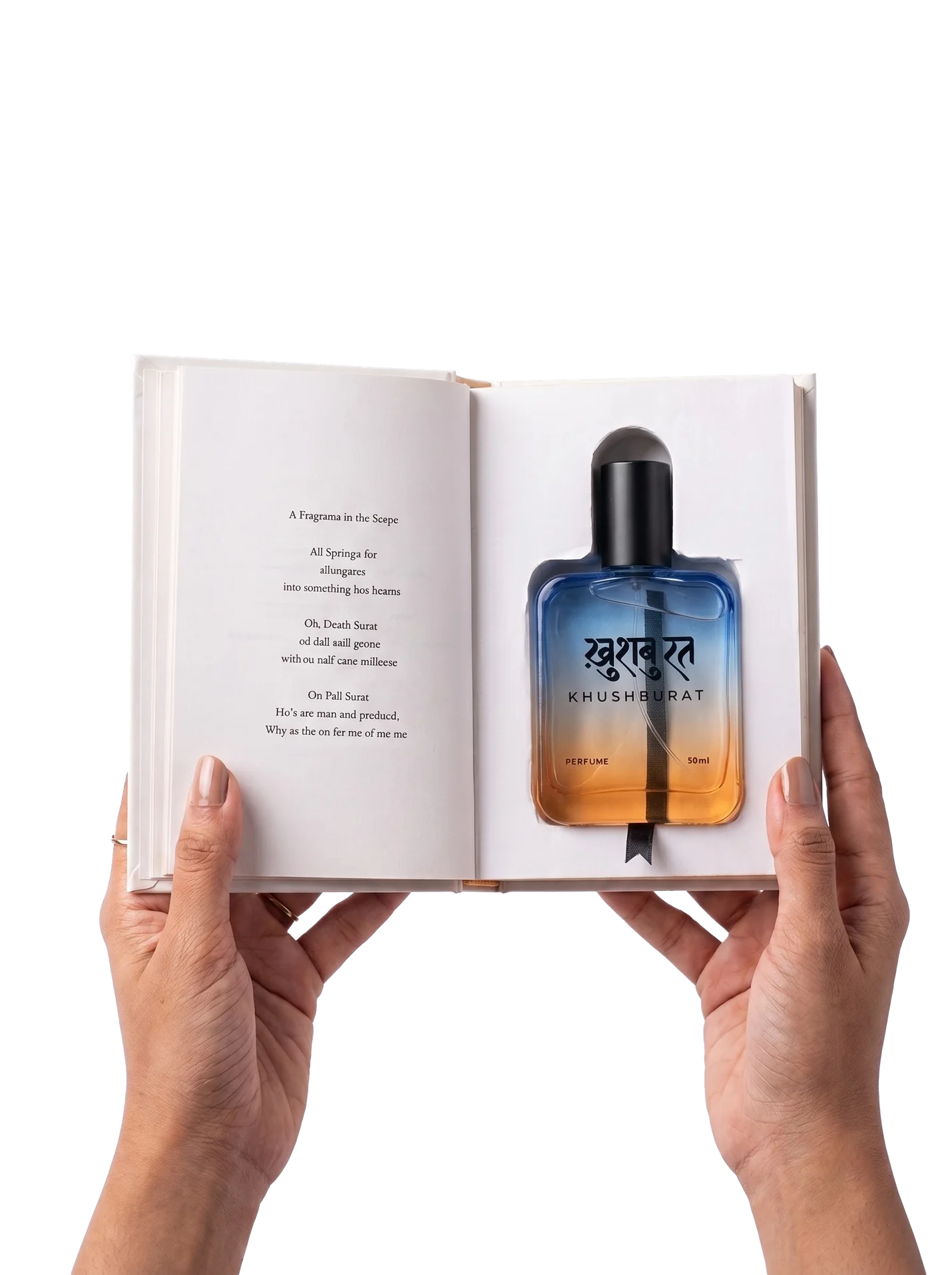 Perfume bottle resting on an open book